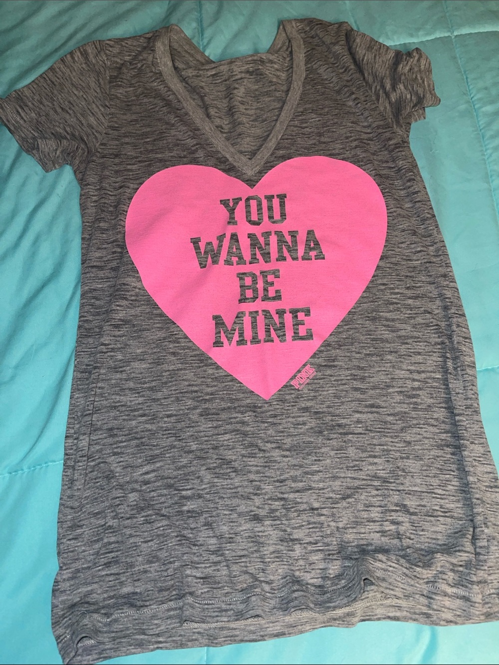 PINK Victoria's Secret Gray Heather V-Neck Tee with Hot Pink Heart